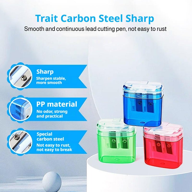 Dual Hole Pencil Sharpener with Container, Manual Twin Hole Sharpener with Lid for School Home Office, Compact Tip Shaping Tool for Kids Students (Blue) - Image 3